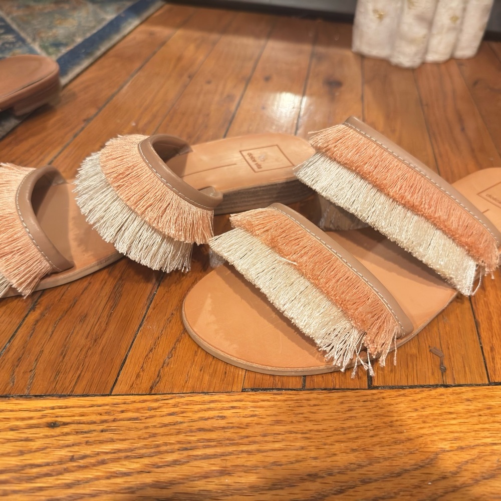 Dolce Vita Fringe Slide Sandals in Tan and Cream